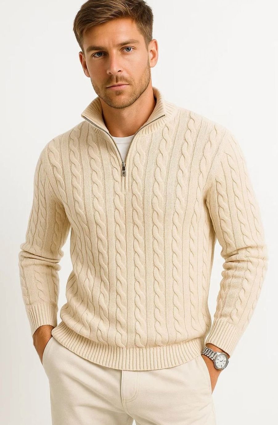 Men's Cable-Knit Quarter-Zip Pullover Jumper