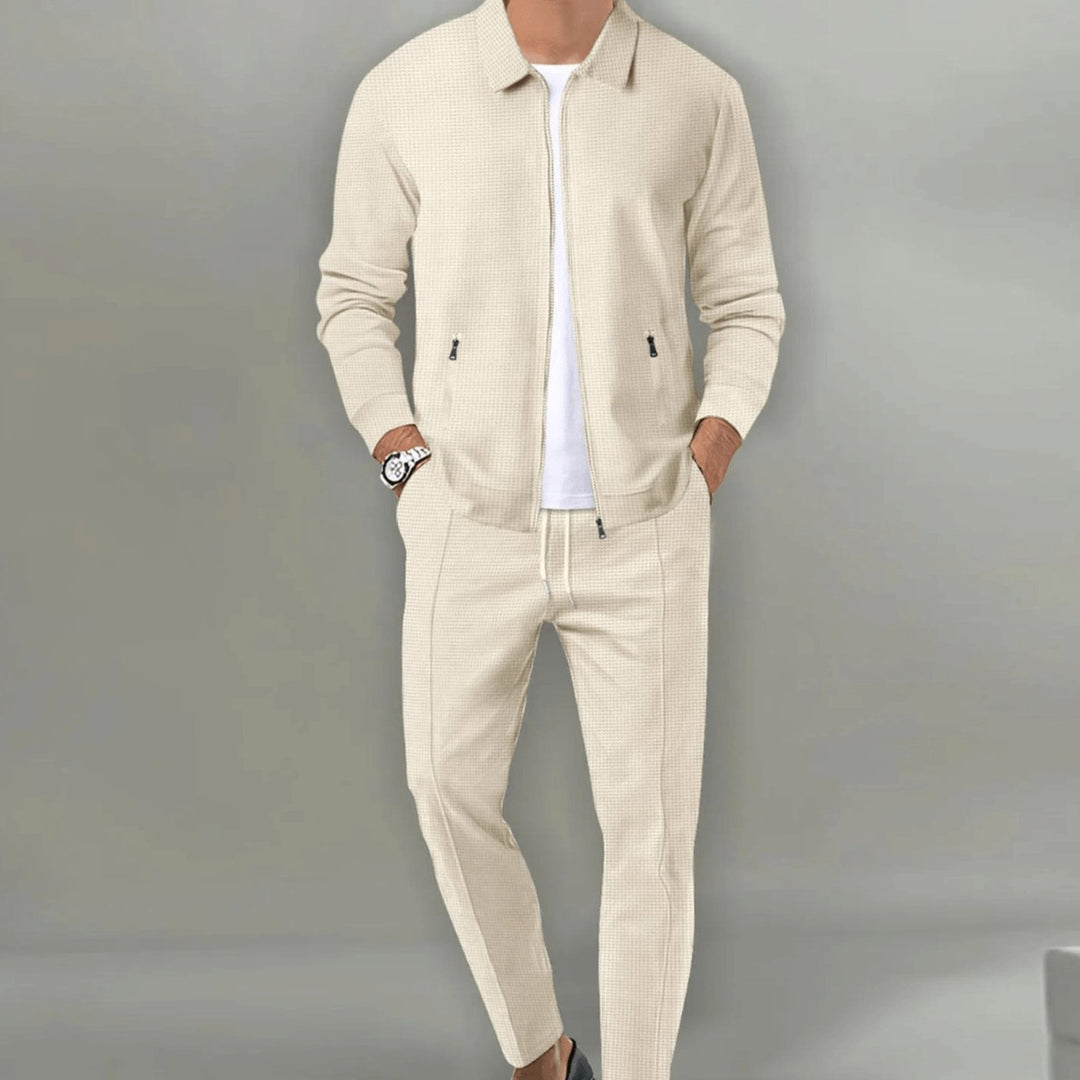 Men's Casual Tracksuit Two-Piece Zip-Up Jacket Jogger Set - Beige