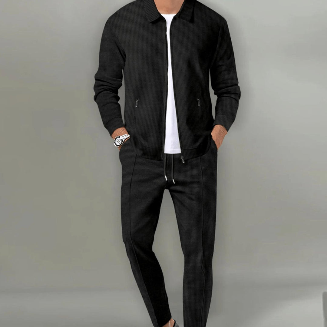 Men's Casual Tracksuit Two-Piece Zip-Up Jacket Jogger Set - Black