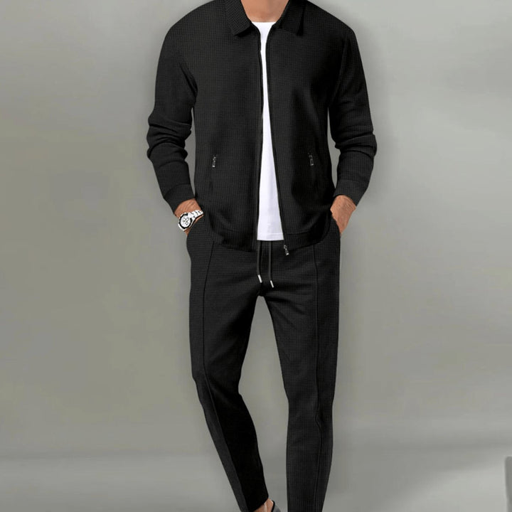 Men's Casual Tracksuit Two-Piece Zip-Up Jacket Jogger Set - Black