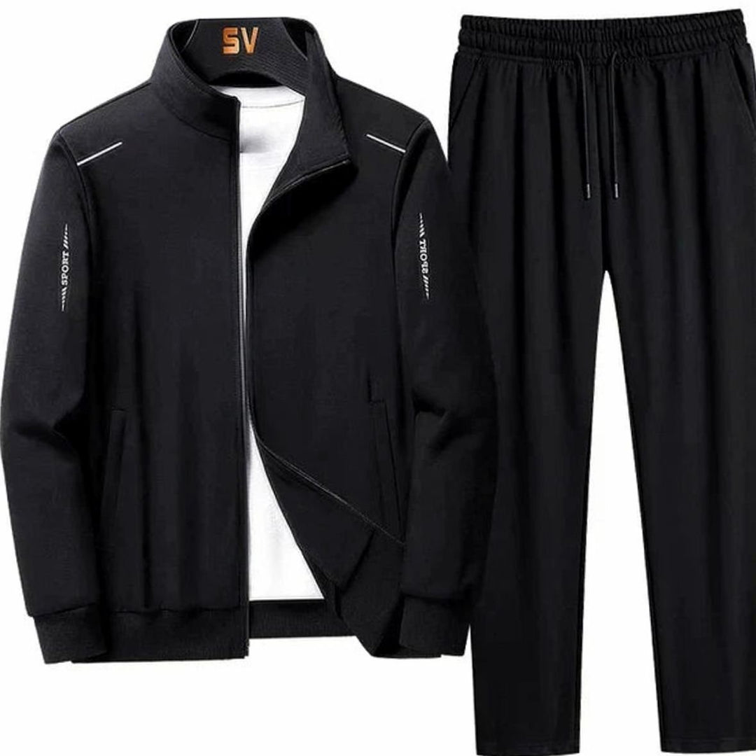 Men's Casual Tracksuit Zip-Up Jacket Jogger Two-Piece Set - Black
