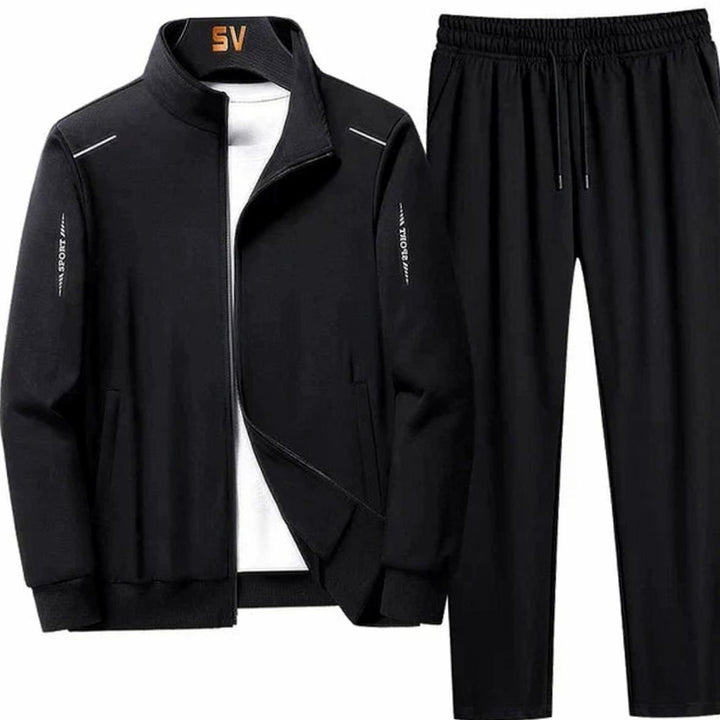 Men's Casual Tracksuit Zip-Up Jacket Jogger Two-Piece Set - Black