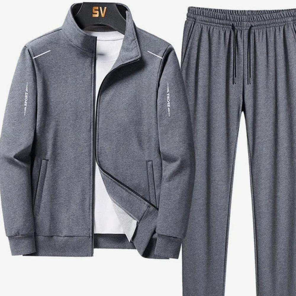 Men's Casual Tracksuit Zip-Up Jacket Jogger Two-Piece Set - Grey