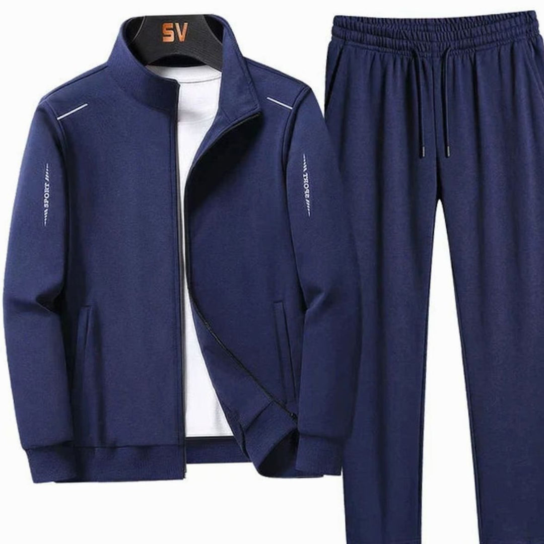 Men's Casual Tracksuit Zip-Up Jacket Jogger Two-Piece Set - Dark Blue