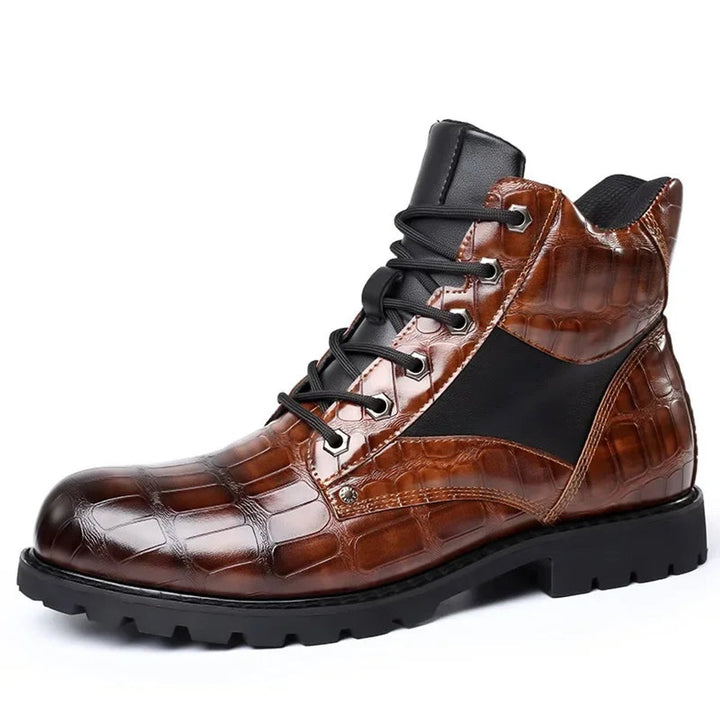 Men's Croc-Embossed Lace-Up Leather Ankle Heeled Boots