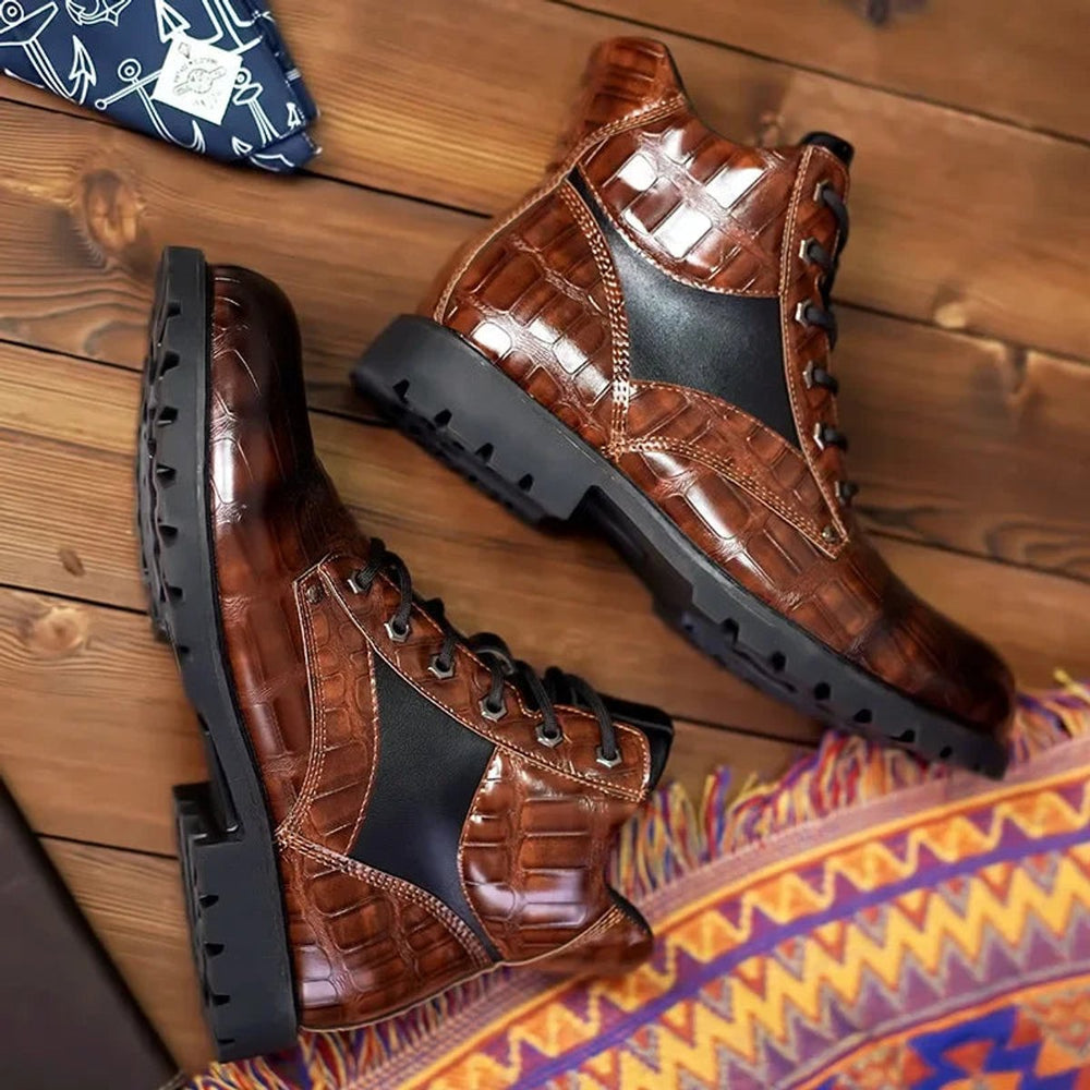 Men's Croc-Embossed Lace-Up Leather Ankle Heeled Boots