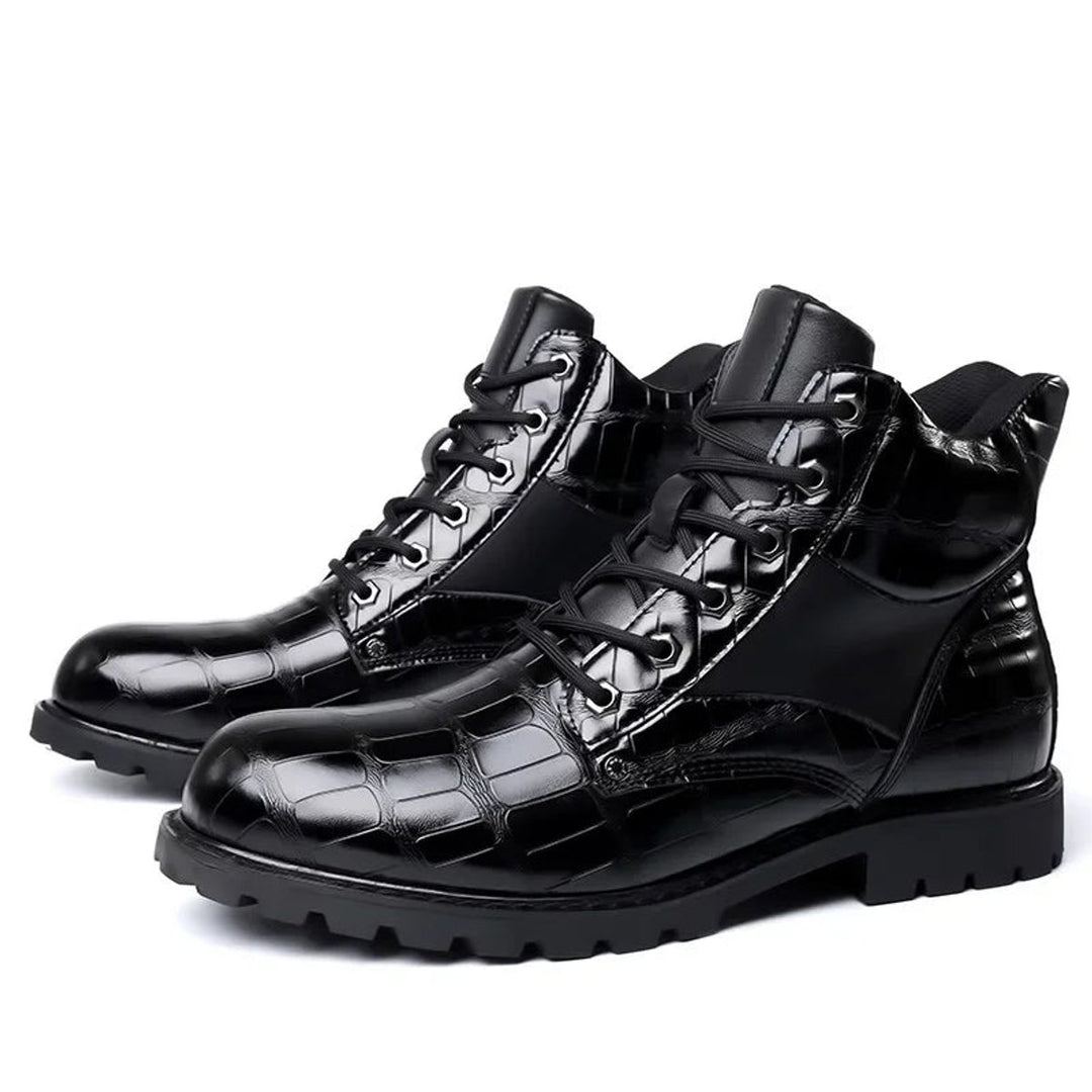 Men's Croc-Embossed Lace-Up Leather Ankle Heeled Boots