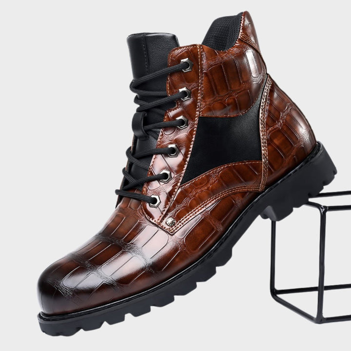 Men's Croc-Embossed Lace-Up Leather Ankle Heeled Boots