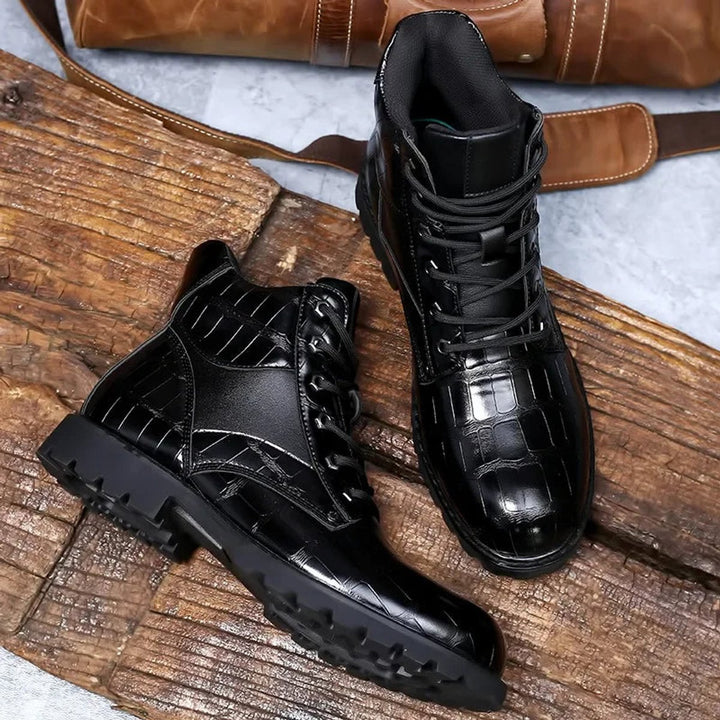 Men's Croc-Embossed Lace-Up Leather Ankle Heeled Boots