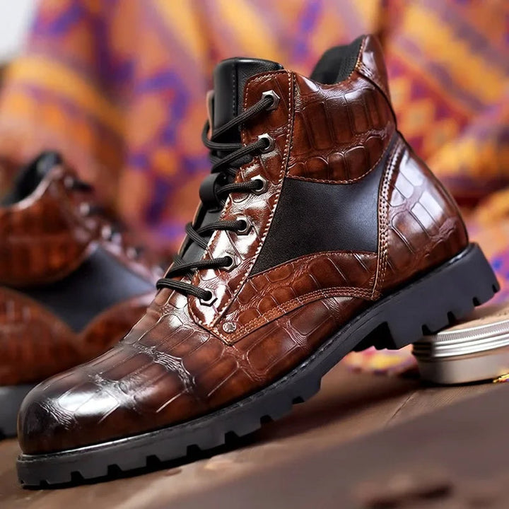 Men's Croc-Embossed Lace-Up Leather Ankle Heeled Boots