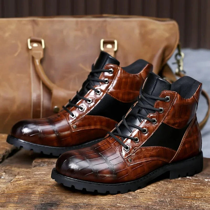 Men's Croc-Embossed Lace-Up Leather Ankle Heeled Boots
