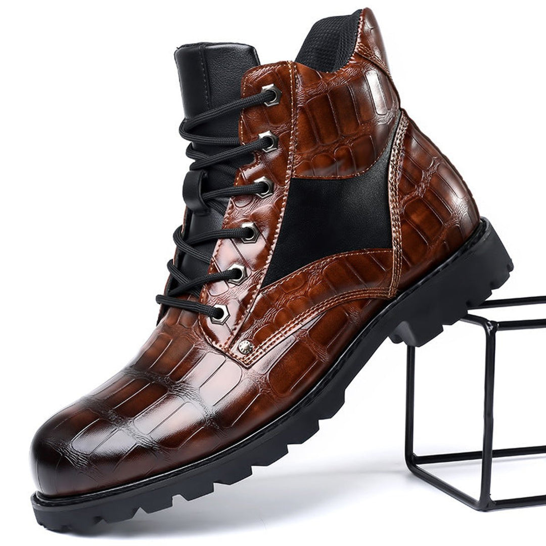 Men's Croc-Embossed Lace-Up Leather Ankle Heeled Boots