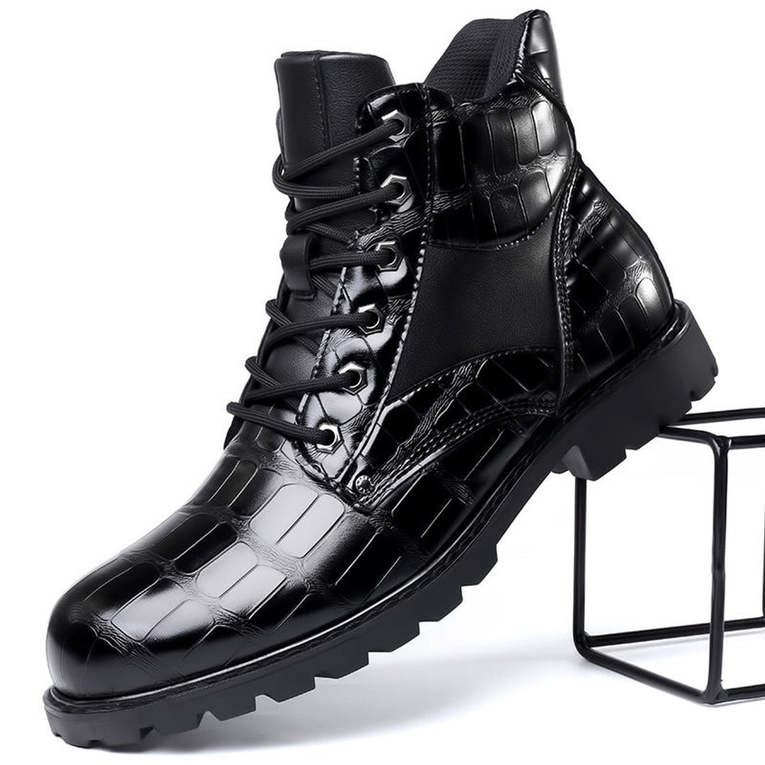 Men's Croc-Embossed Lace-Up Leather Ankle Heeled Boots