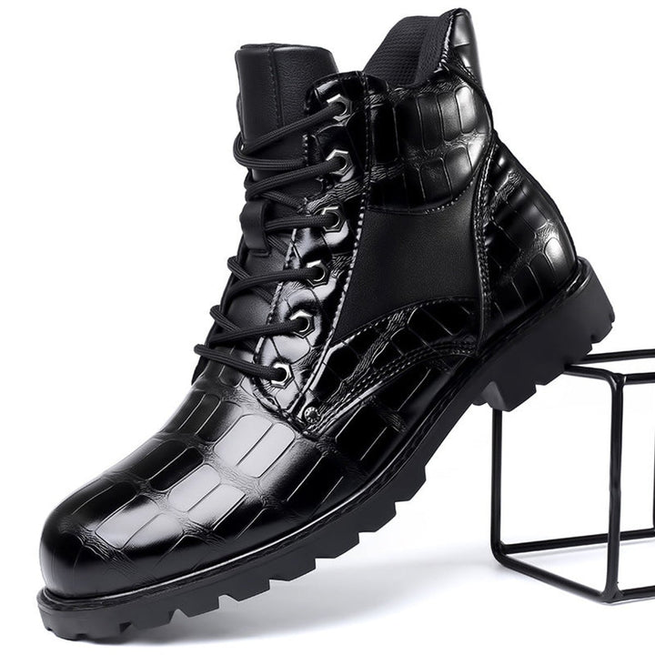 Men's Croc-Embossed Lace-Up Leather Ankle Heeled Boots