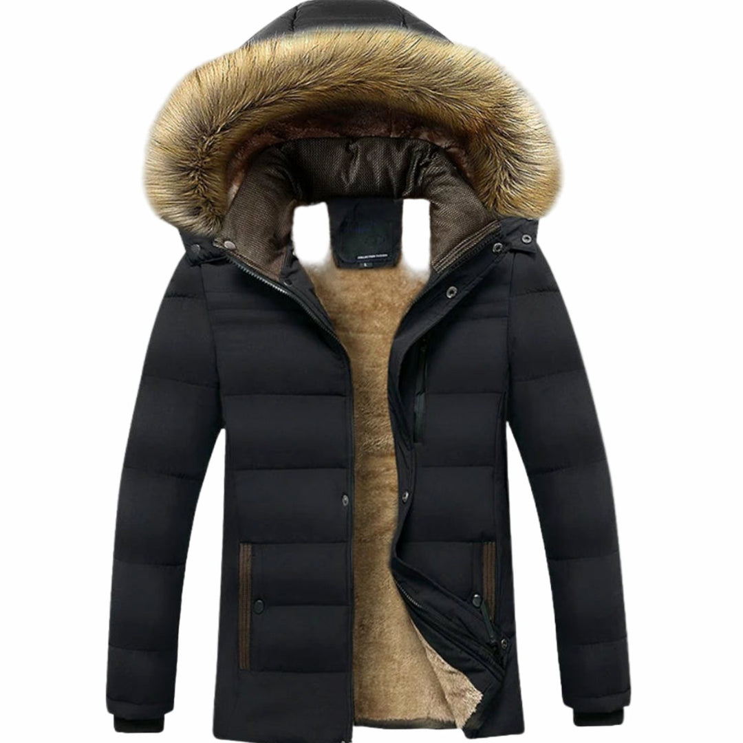 Men's Fleece-Lined Quilted Parka Jacket Faux Fur Hood