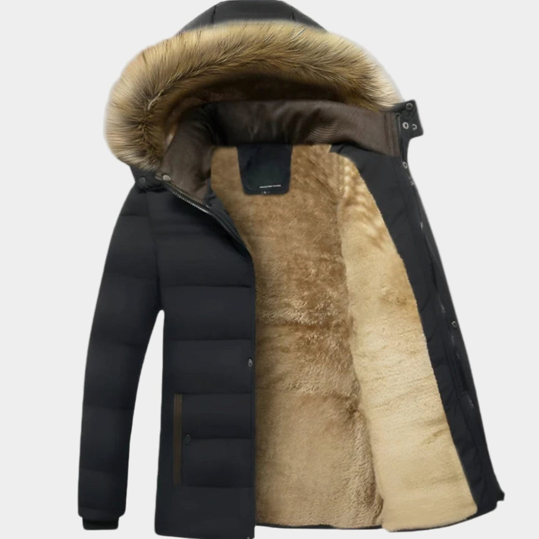 Men's Fleece-Lined Quilted Parka Jacket Faux Fur Hood