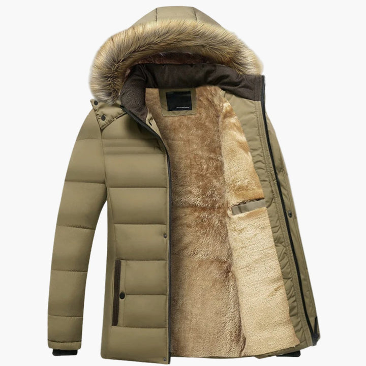 Men's Fleece-Lined Quilted Parka Jacket Faux Fur Hood