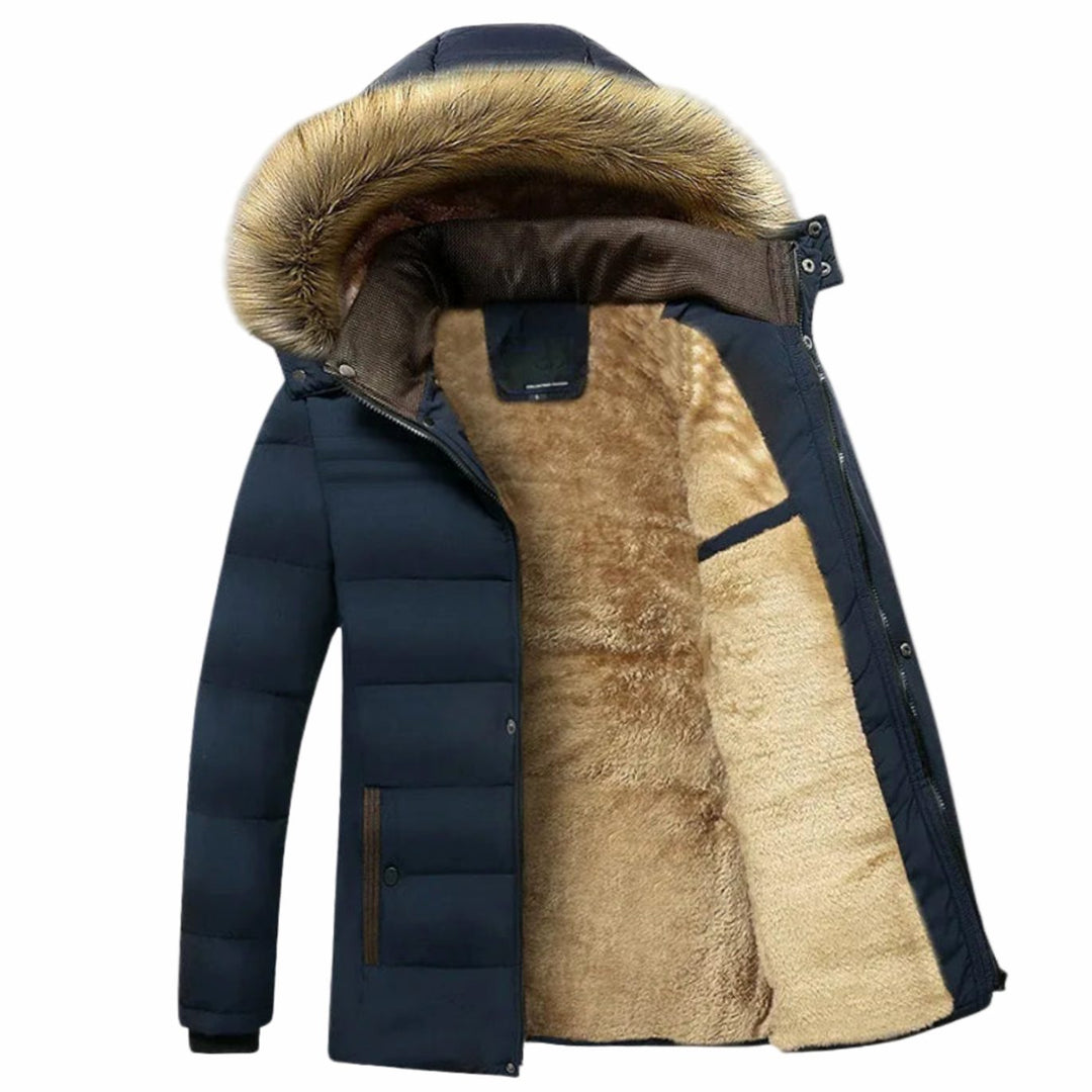 Men's Fleece-Lined Quilted Parka Jacket Faux Fur Hood