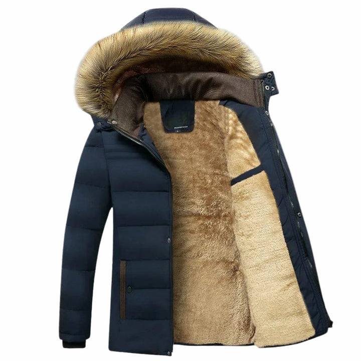 Men's Fleece-Lined Quilted Parka Jacket Faux Fur Hood