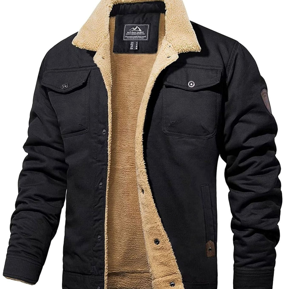 Men's Fleece-Lined Sherpa Collar Warm Casual Jacket - Black