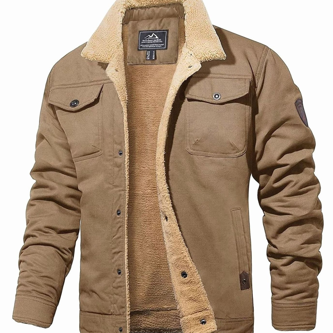 Men's Fleece-Lined Sherpa Collar Warm Casual Jacket - Khaki