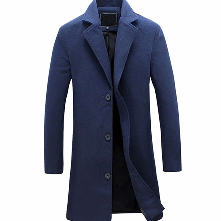 Men's Formal Single-Breasted Long Overcoat Slim Fit - Navy Blue