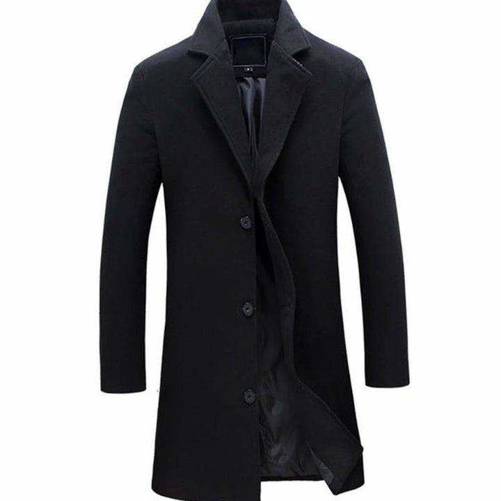 Men's Formal Single-Breasted Long Overcoat Slim Fit - Black