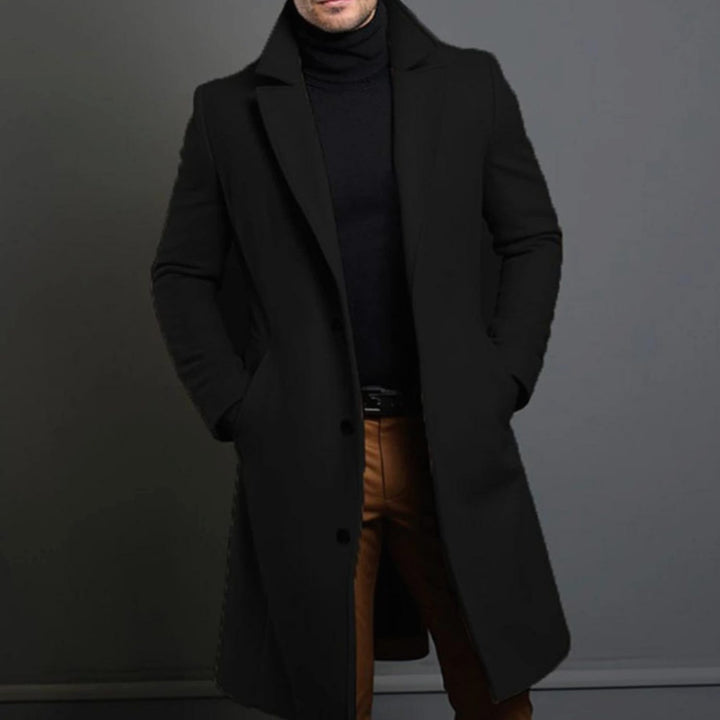 Men's Formal Slim-Fit Single-Breasted Longline Winter Coat - Black