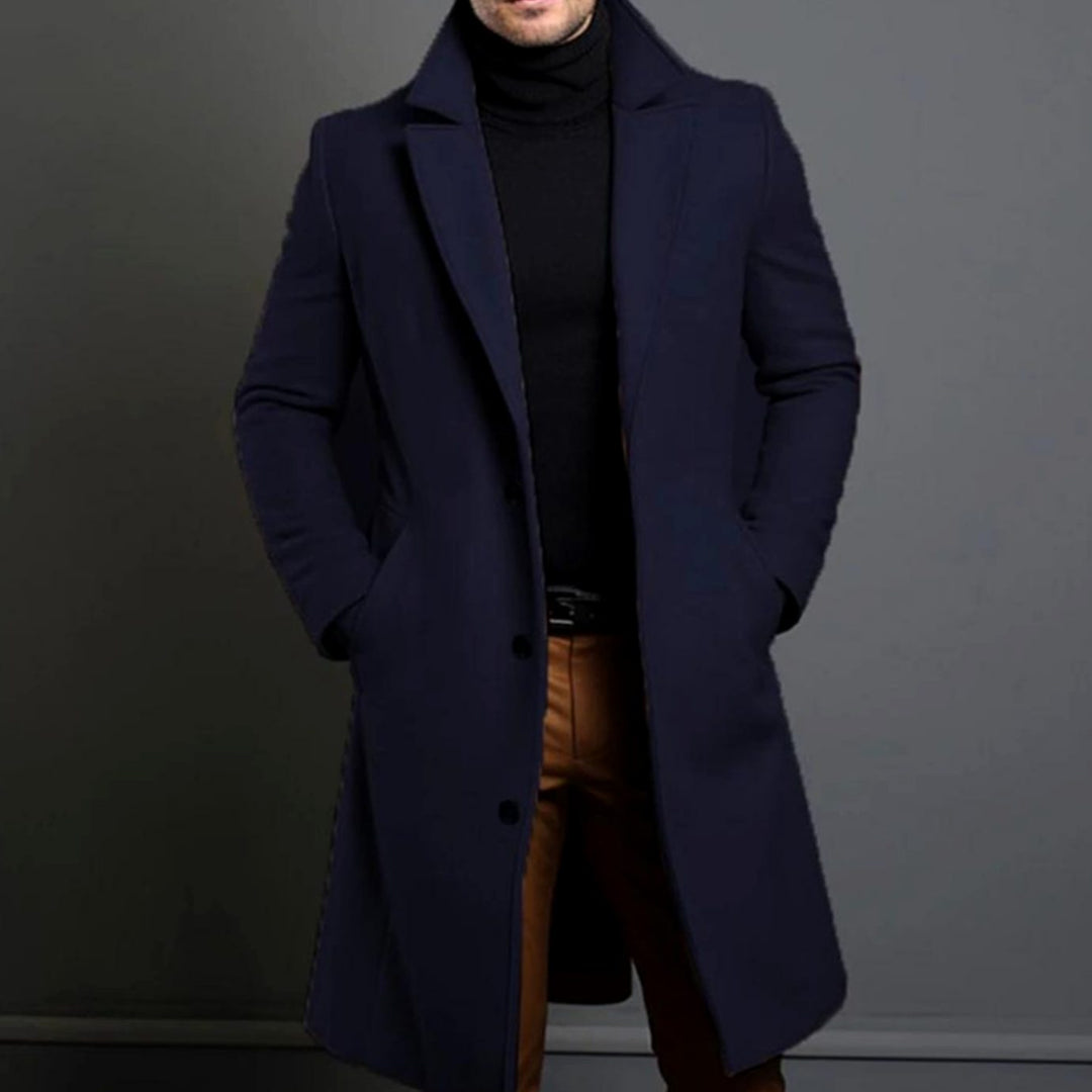 Men's Formal Slim-Fit Single-Breasted Longline Winter Coat - Blue