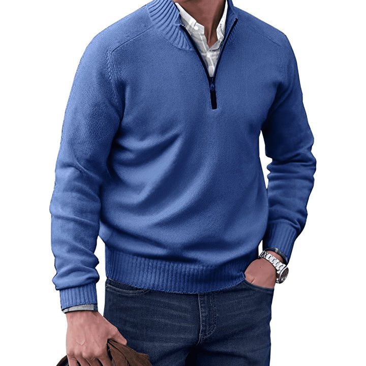 Men's Knitted Half-Zip Pullover Jumper Ribbed Collar - Blue
