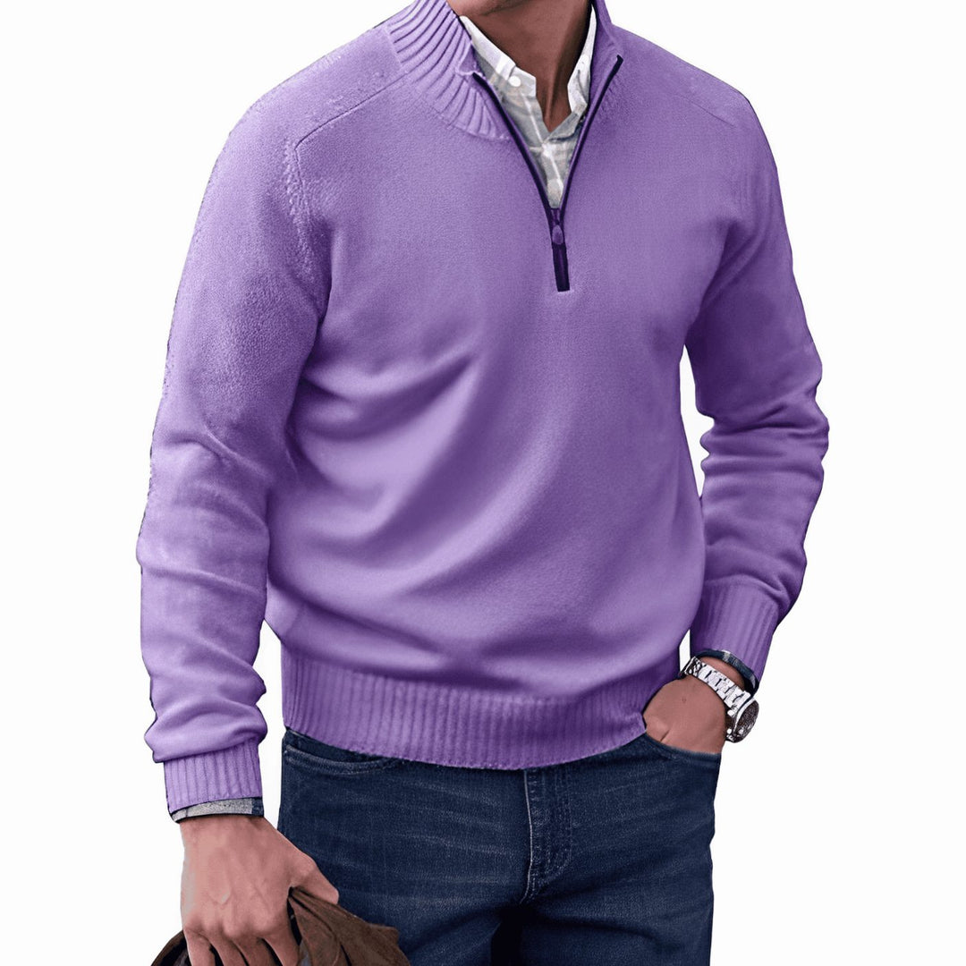 Men's Knitted Half-Zip Pullover Jumper Ribbed Collar - Purple