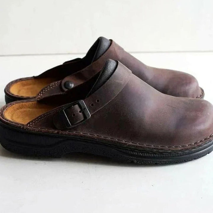 Men's Orthopaedic Nubuck Leather Slip on Buckle Clogs - Brown