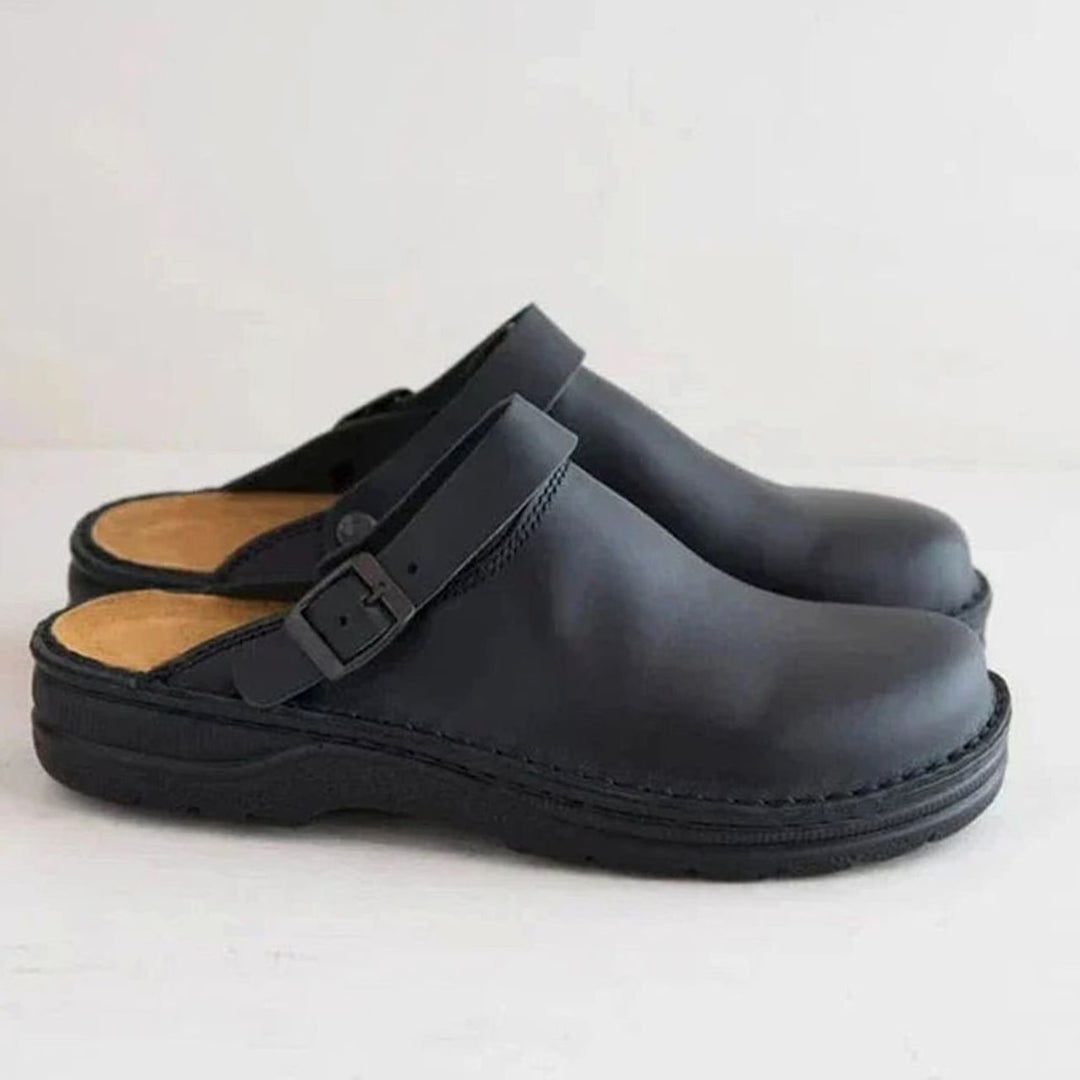 Men's Orthopaedic Nubuck Leather Slip on Buckle Clogs - Black