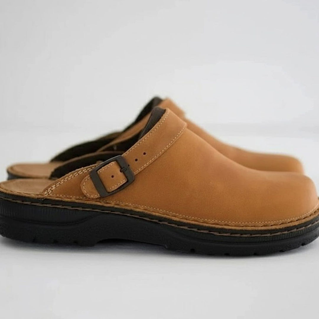 Men's Orthopaedic Nubuck Leather Slip on Buckle Clogs - Coffee
