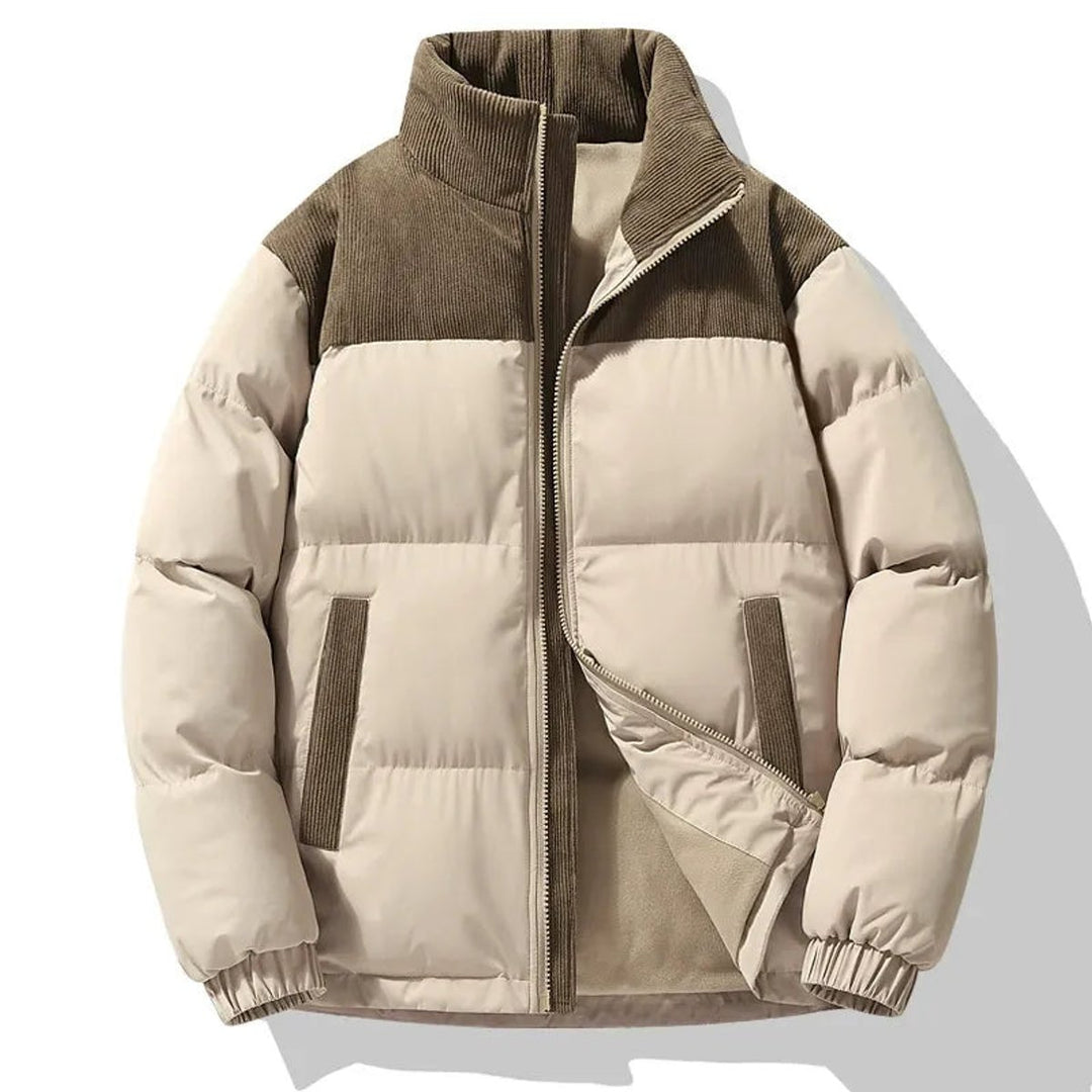 Men's Oversized Corduroy-Trim Quilted Padded Coat - Coffee Khaki