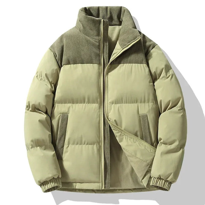 Men's Oversized Corduroy-Trim Quilted Padded Coat - Green