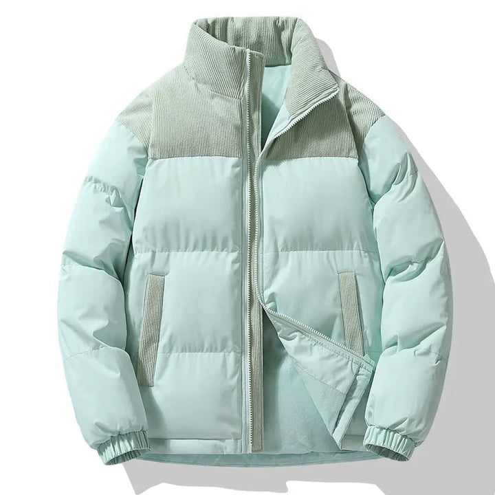 Men's Oversized Corduroy-Trim Quilted Padded Coat - Light Cyan