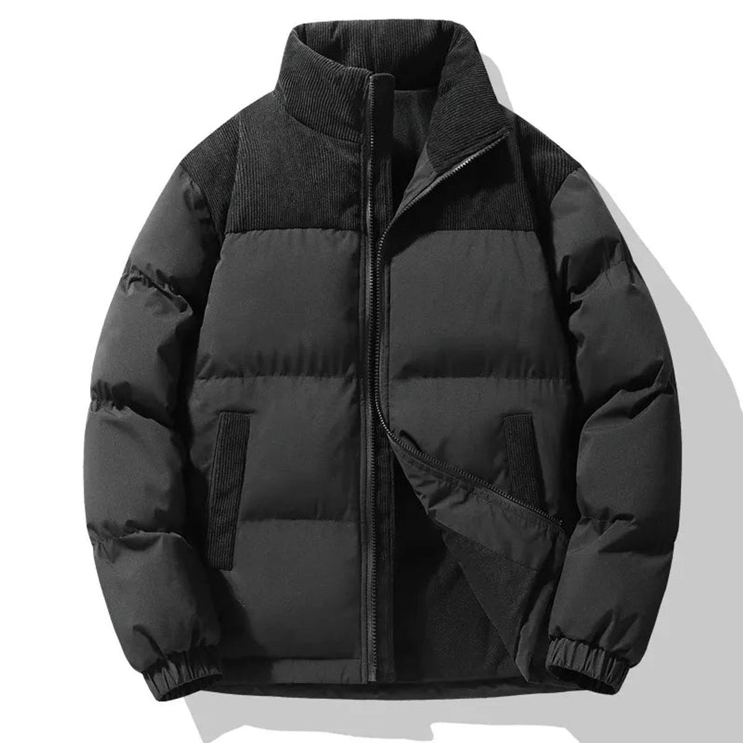 Men's Oversized Corduroy-Trim Quilted Padded Coat - Black