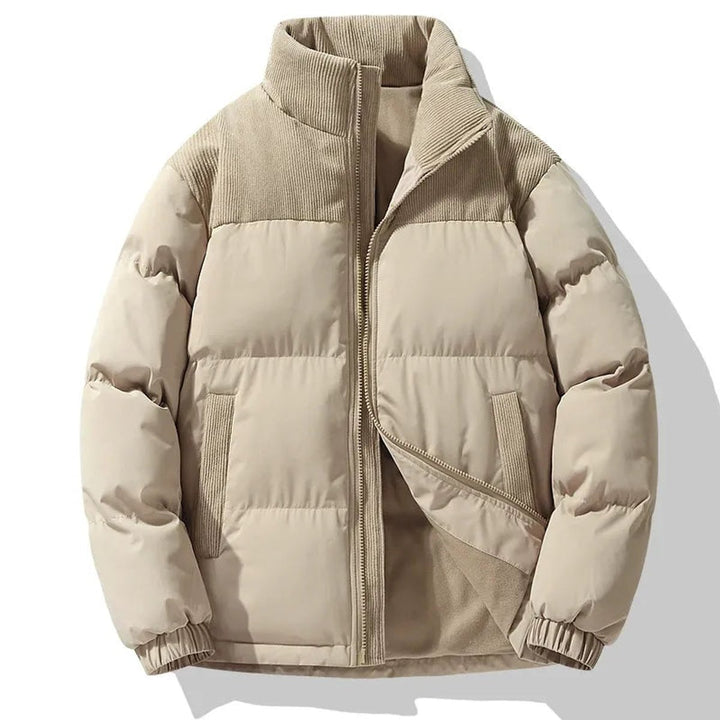 Men's Oversized Corduroy-Trim Quilted Padded Coat - Khaki