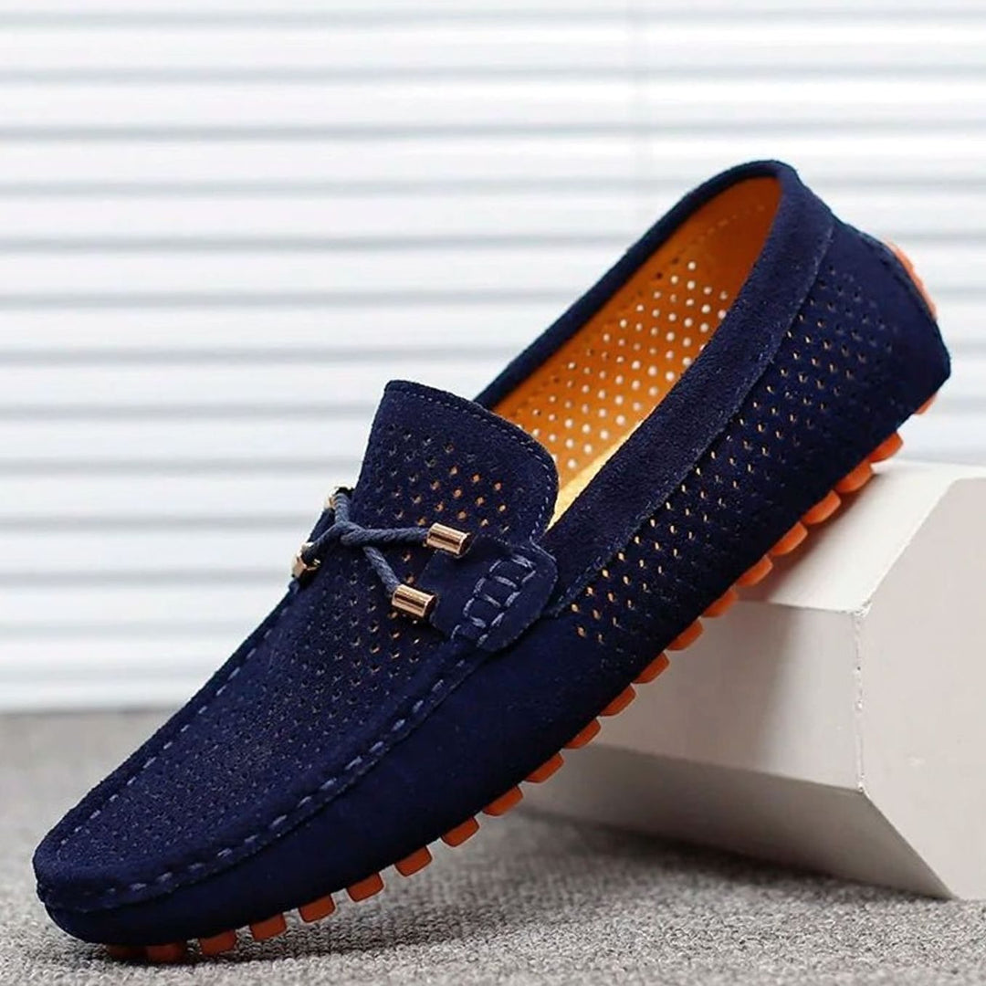Men's Perforated Suede Slip-On Loafers Contrast Sole