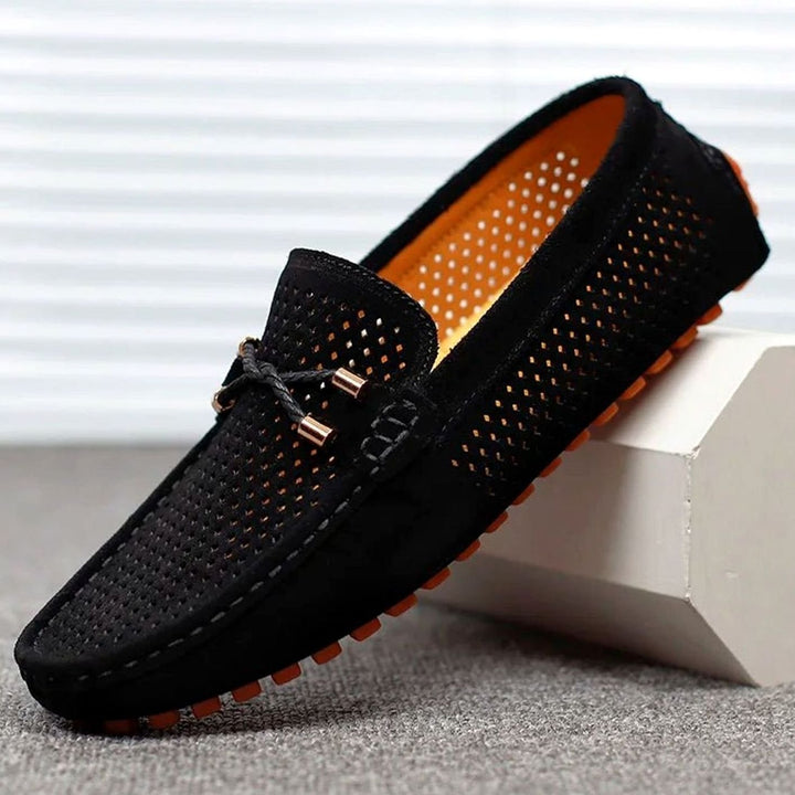 Men's Perforated Suede Slip-On Loafers Contrast Sole