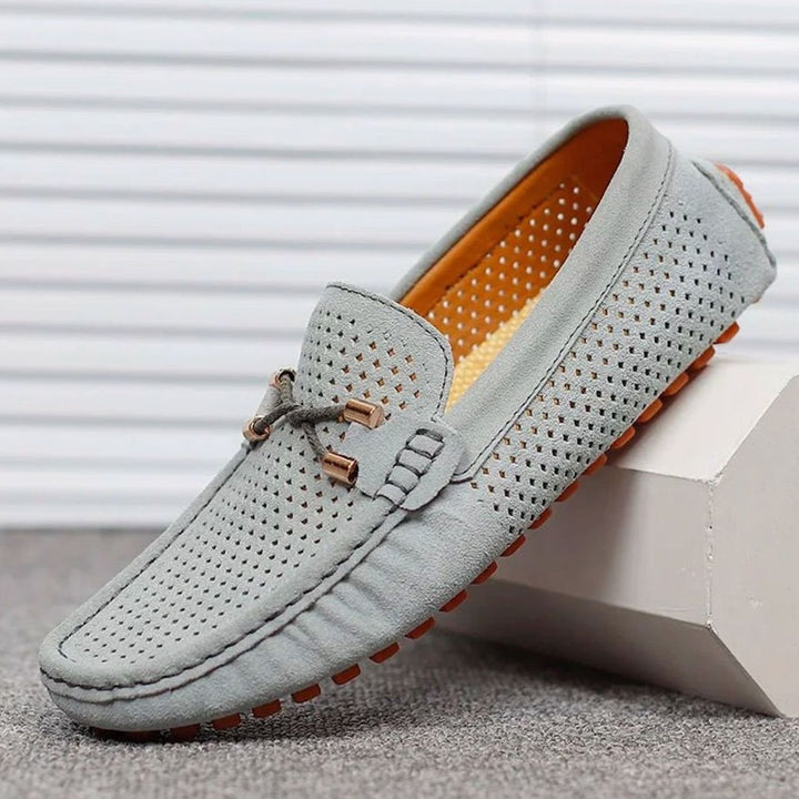 Men's Perforated Suede Slip-On Loafers Contrast Sole