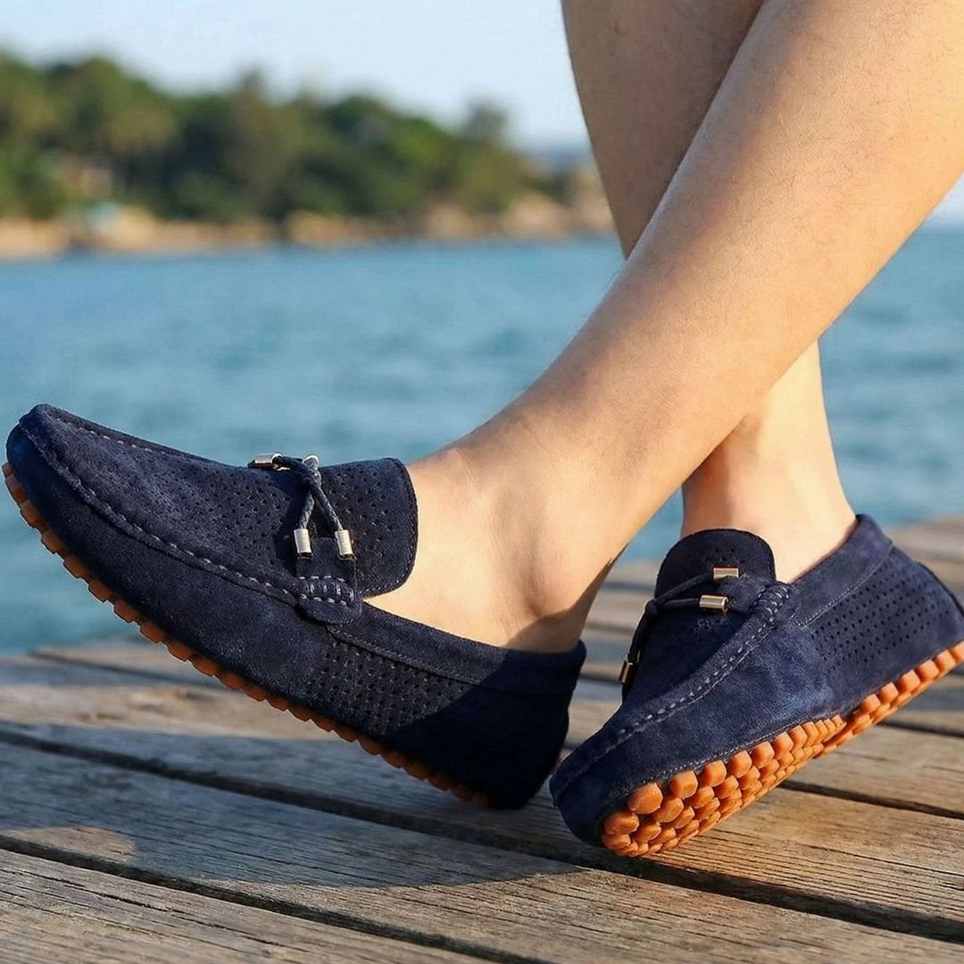 Men's Perforated Suede Slip-On Loafers Contrast Sole