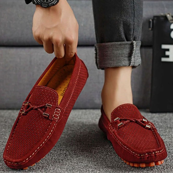 Men's Perforated Suede Slip-On Loafers Contrast Sole