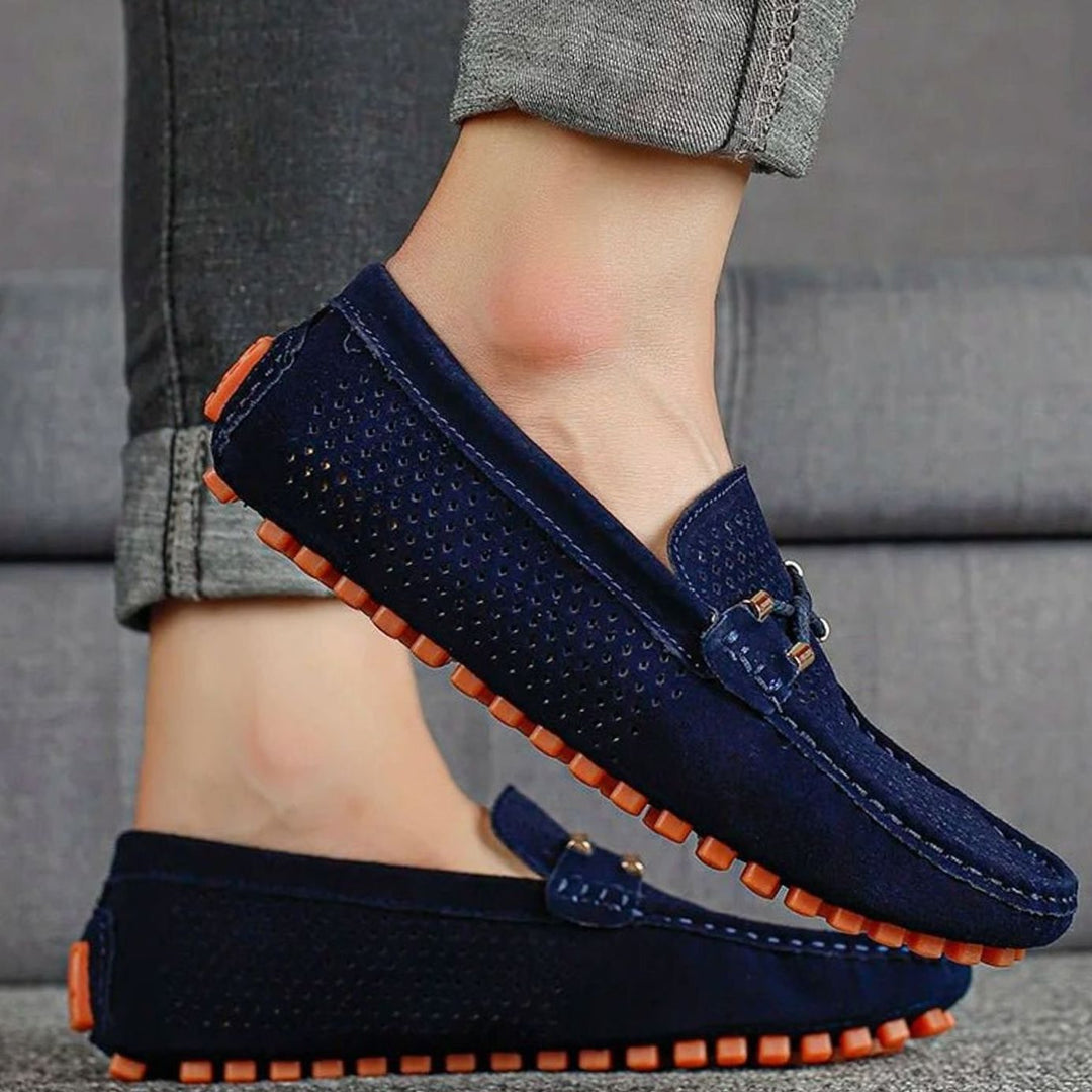 Men's Perforated Suede Slip-On Loafers Contrast Sole