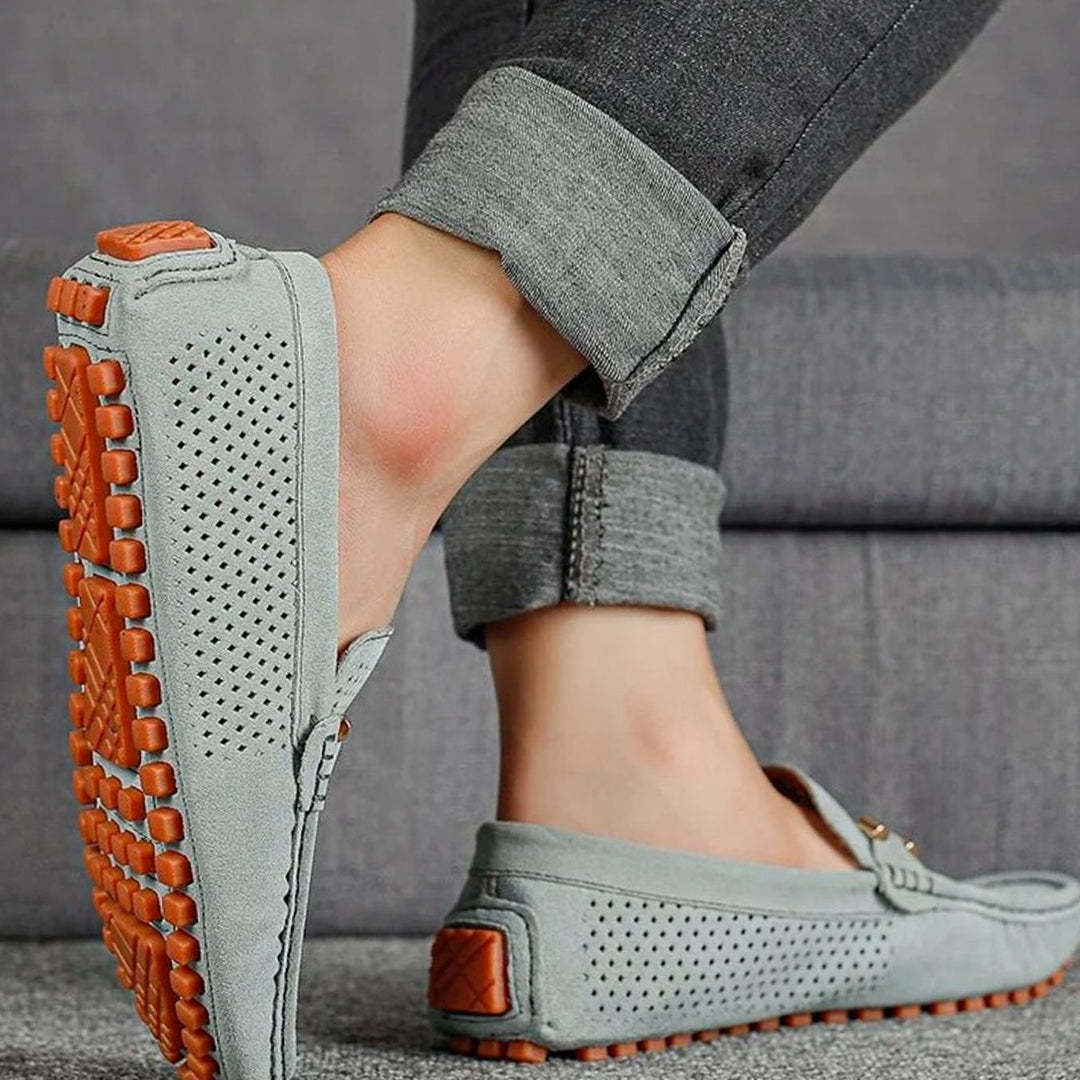 Men's Perforated Suede Slip-On Loafers Contrast Sole