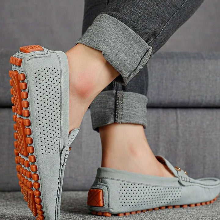 Men's Perforated Suede Slip-On Loafers Contrast Sole