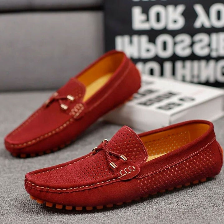 Men's Perforated Suede Slip-On Loafers Contrast Sole