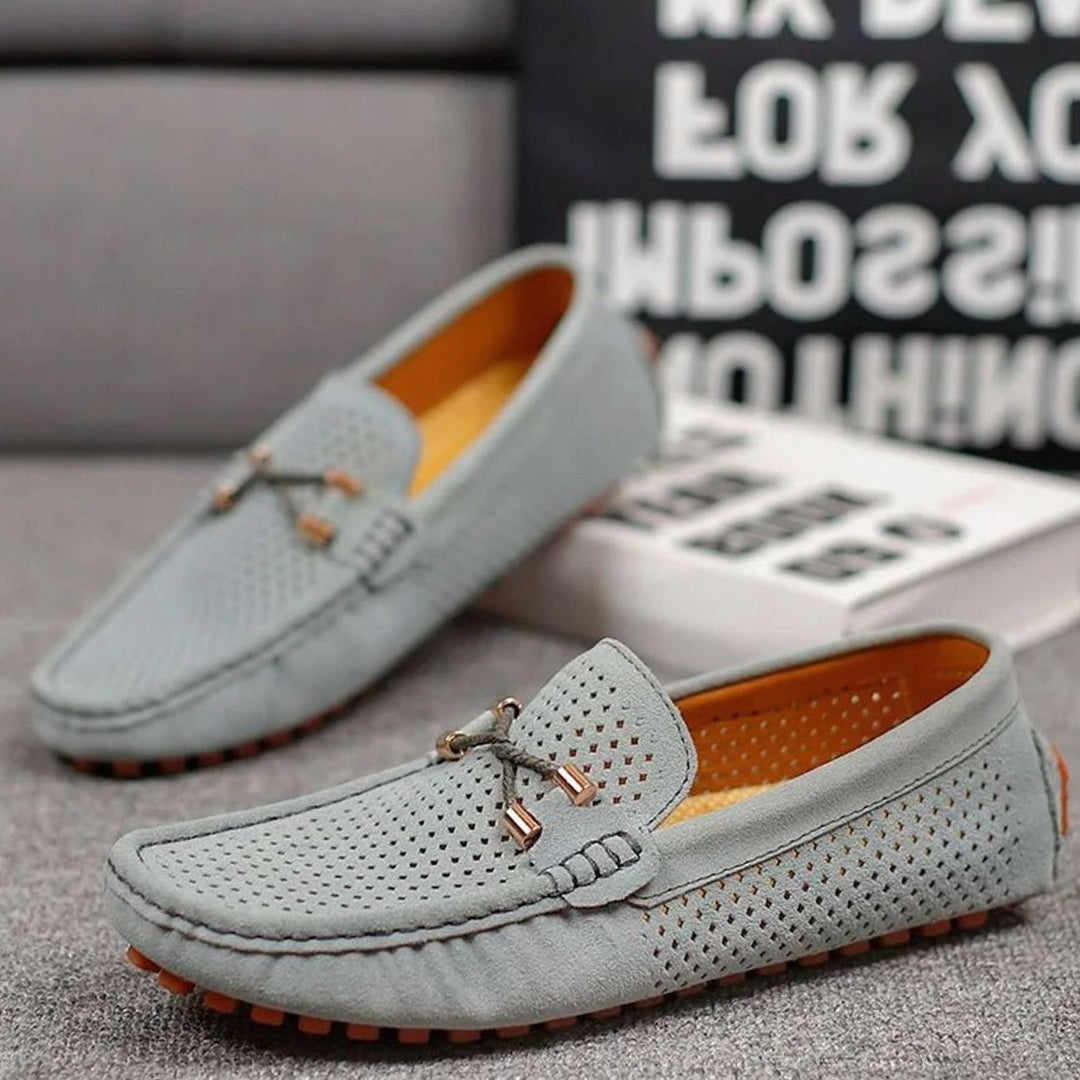 Men's Perforated Suede Slip-On Loafers Contrast Sole