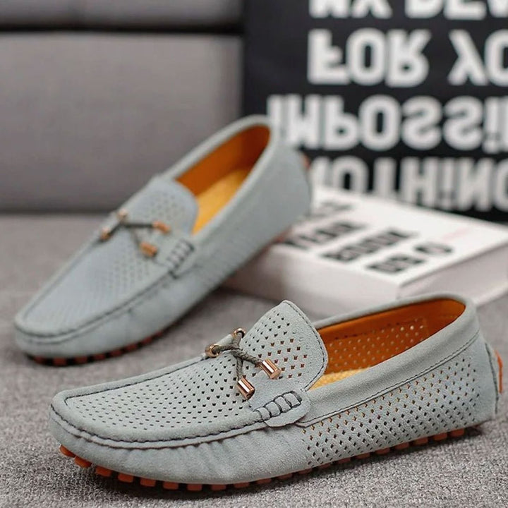 Men's Perforated Suede Slip-On Loafers Contrast Sole